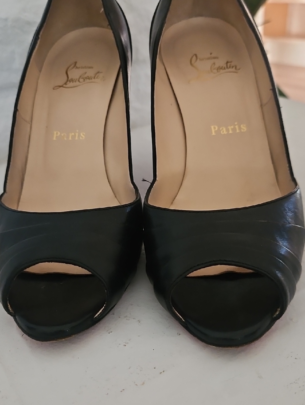 Christian Louboutin Black Leather Peep-Toe Pumps Red Sole Stiletto Heels - Picture 8 of 8